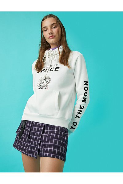 Koton Cotton Fleece Sweatshirt - Tie-up Collar, Printed
