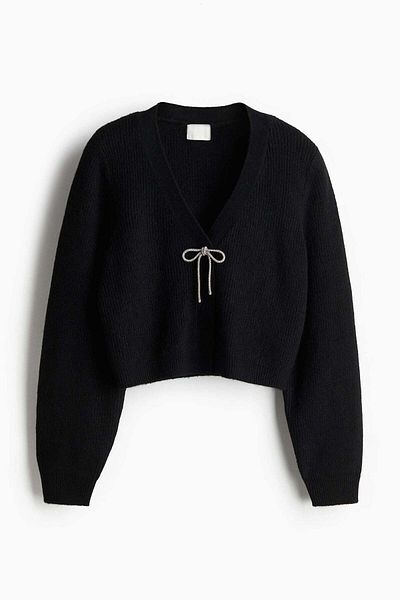 H&M Bow-detail rib-knit cardigan