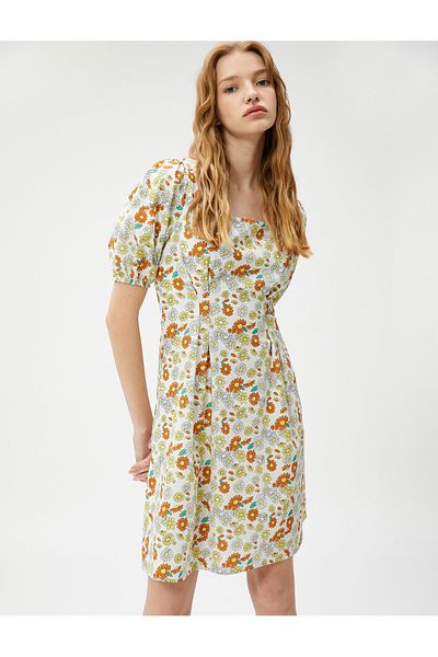 Koton Rochie mini din popelin floral cu mâneci cu bule plisate și guler pătrat din bumbac