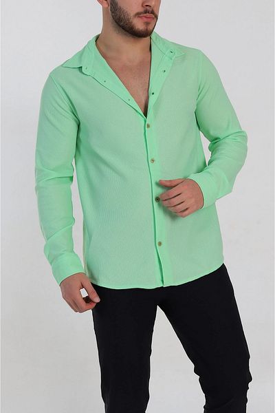 vuvutasarım New Season Pistachio Green Slim Fit Honeycomb Textured Long Sleeve Men's Shirt