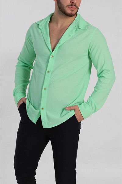 vuvutasarım New Season Pistachio Green Slim Fit Honeycomb Textured Long Sleeve Men's Shirt
