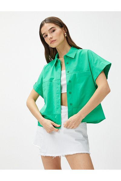 Koton Crop oversize poplin cămașă cu mânecă scurtă din bumbac