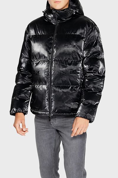 EA7 Men's Bright Look Hooded Water Resistant Quilted Black Jacket 6Dpb34 Pnhmz-1200