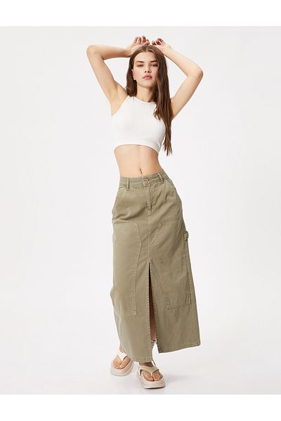 Koton Midi Denim Skirt Slit Pocket Detailed Cotton
