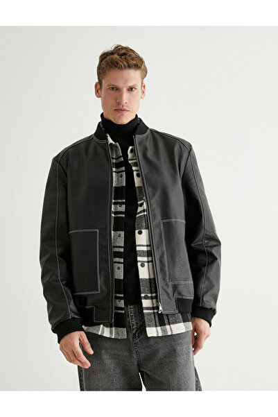 Koton Bomber Jacket Δερμάτινο look με λεπτομέρεια ραφής και τσέπη με φερμουάρ
