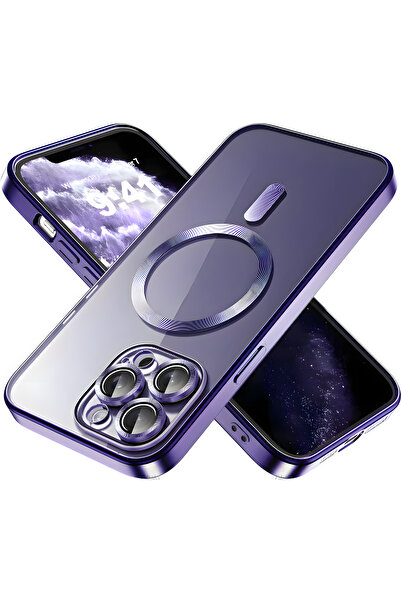 Fibaks İphone 15 Pro Max Uyumlu Kılıf Kamera Lens Korumalı Magsafe Şarj Kilifi Şeffaf Renkli Yumuşak Kapak