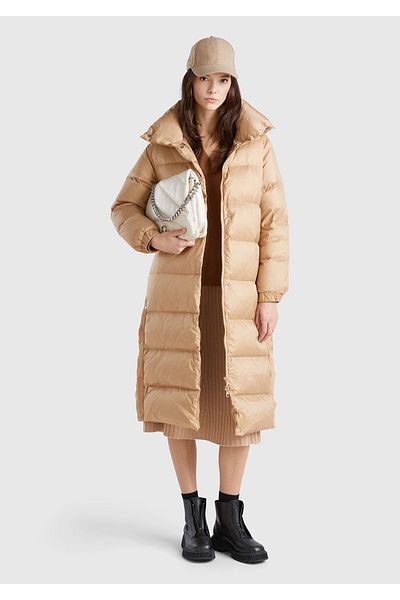 United Colors of Benetton Women's Beige Goose down Padded Button Closure High Collar Long down Coat