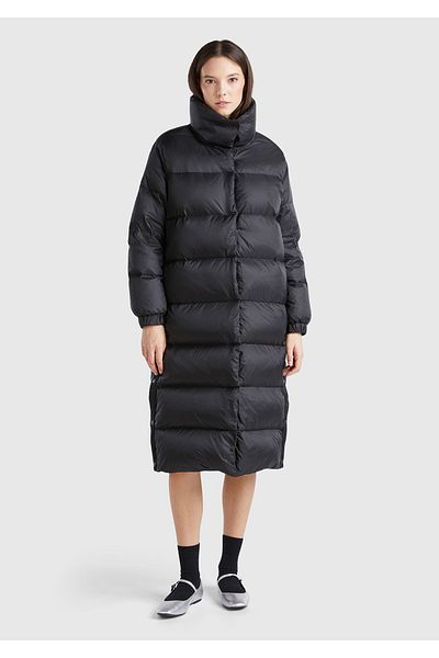 United Colors of Benetton Women's Black Goose down Padded Button Closure High Collar Long down Coat