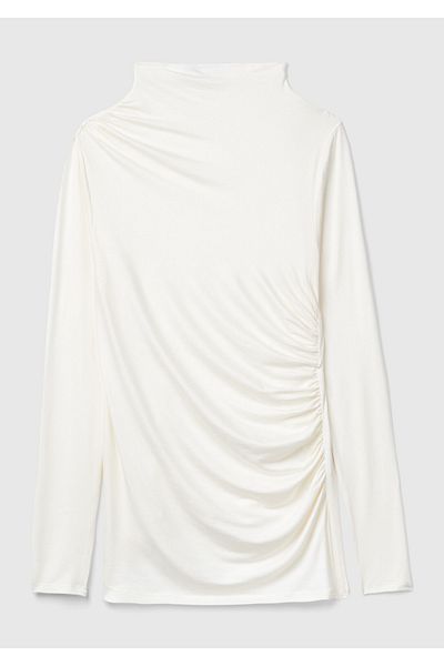 United Colors of Benetton Women's Cream Modal Blended Shoulder Drawstring Detail Half Turtleneck Sweatshirt