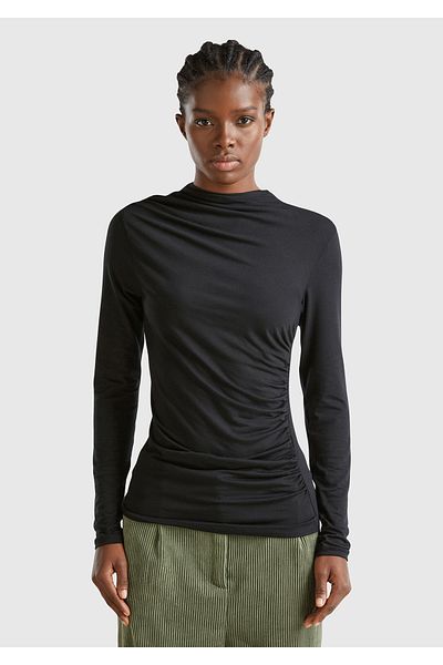 United Colors of Benetton Women's Black Modal Blended Shoulder Drawstring Detail Half Turtleneck Sweatshirt