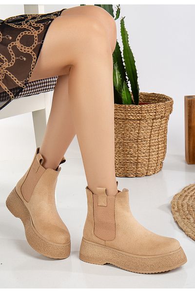 Mc vay Shoes 014 Chelsea Nude Suede Elastic Detailed Stylish Women's Boots