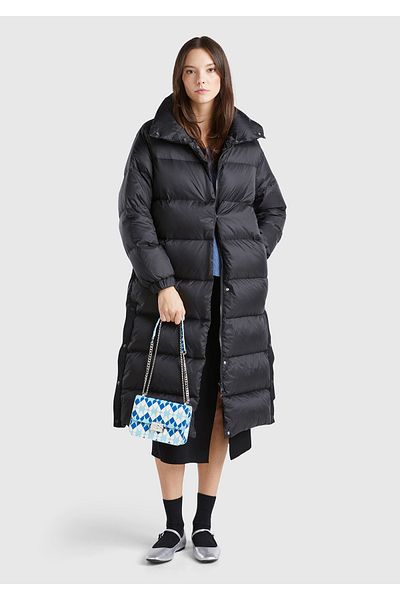 United Colors of Benetton Women's Black Goose down Padded Button Closure High Collar Long down Coat