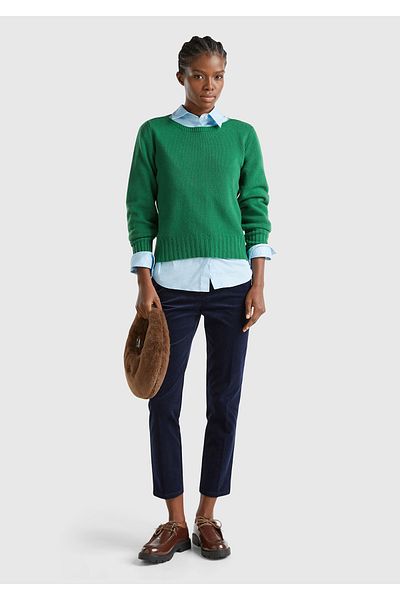United Colors of Benetton Women's Green Wool Blended Slim Fit Boat Neck Sweater