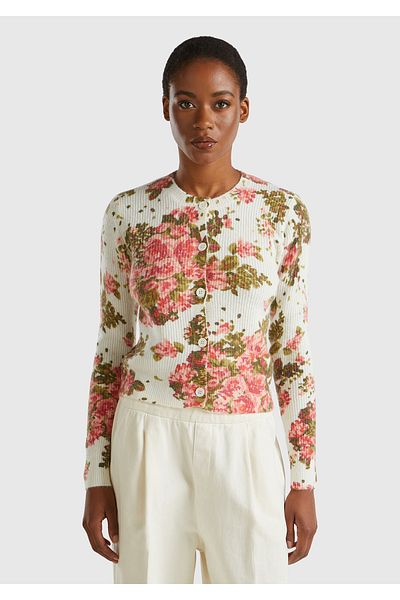 United Colors of Benetton Cardigan scurt pentru femei, alb, amestecat de lână, cu imprimeu floral