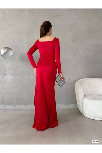 Modamorfo Square Neck Deep Slit Satin Dress -Red