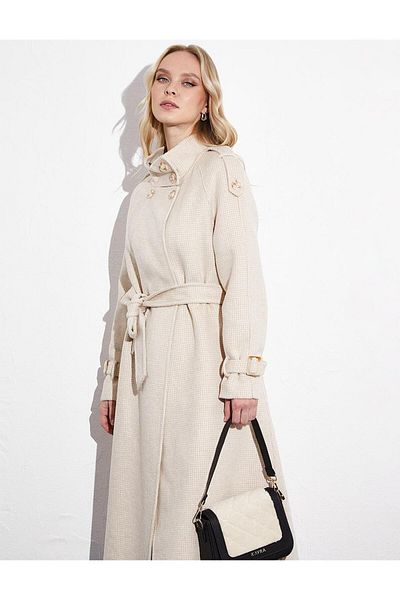 Kayra Cream Premium Stand Collar Double Breasted Belted Cashmere Coat