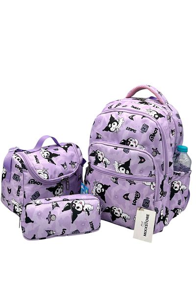 Çınka Bags Set de rucsac pentru școala primară cu model de caractere de culoare liliac cu nutriție din folie și suport pentru stilou