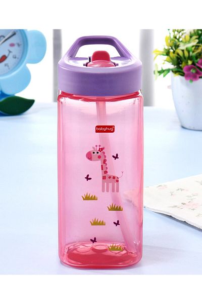 Babyhug Babyhug Giraffe Print BPA-Free Spill-Free Sipper Pink/Purple, Ergonomic Flip Lid, 420mL for Ages 3-6