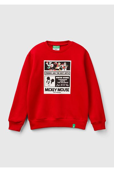 United Colors of Benetton Boy's Red Hem Logo Sticker Mickey Mouse Printed Sweatshirt