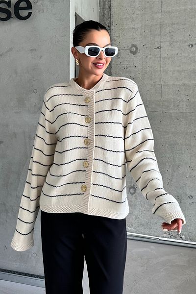 By Nilgün Akay Women's Ecru Button Detailed Striped Knitwear Cardigan