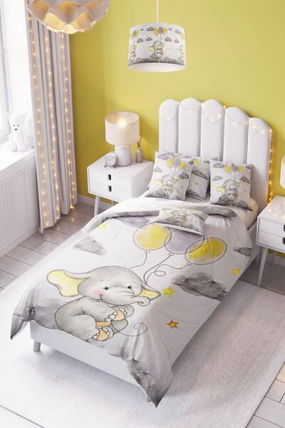 dekomingo طقم غطاء لحاف بنمط الفيل الجالس على بالون أصفر ورمادي (بدون ملاءة) ...