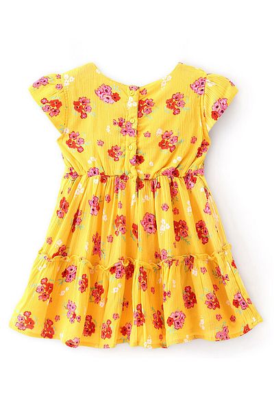 Babyhug Babyhug Rayon Woven Cap Sleeves Floral Printed Frock with Bow Applique - Yellow