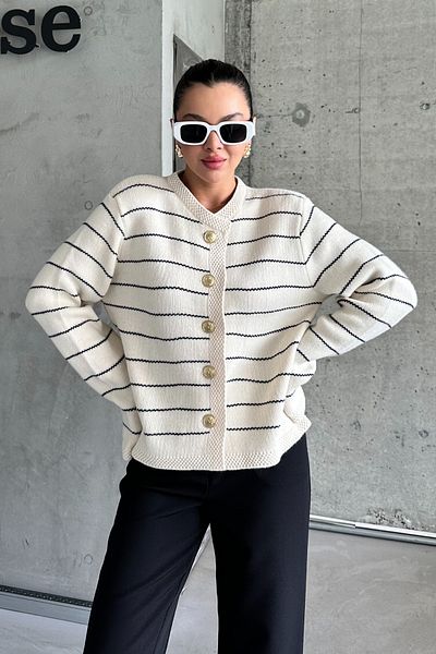 By Nilgün Akay Women's Ecru Button Detailed Striped Knitwear Cardigan