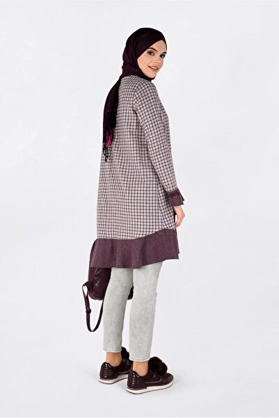 TRENDTESETTÜR Women's Gray (GREY-BORDO) Gingham Patterned Skirt Tip Flounce and Embroidered Tunic 4793