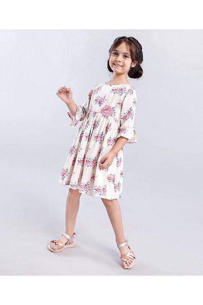 Babyhug فستان Babyhug Rayon Lurex بأكمام كاملة وطبعة زهور - أبيض