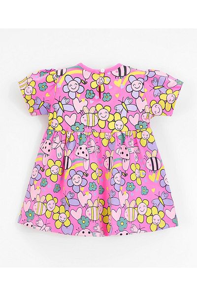 Bonfino Bonfino 100% Cotton Floral & Hearts All Over Printed Short Sleeves Dress - Pink