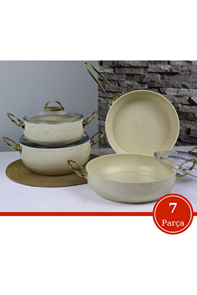 Evren 7 Parça Cream Güveç Tencere Seti Non-stick Yüzey