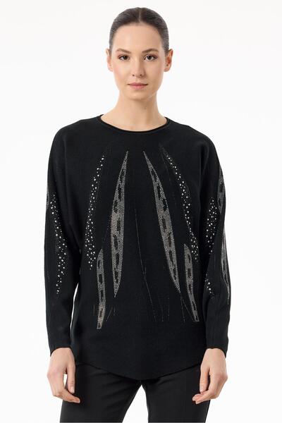 Tığ Triko Payetli Sosis Yakalı Triko Bluz SİYAH