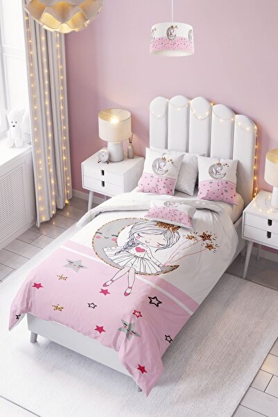 dekomingo طقم غطاء لحاف مخطط باللون الأبيض بنمط أميرة القمر (بدون ملاءات) - غ...