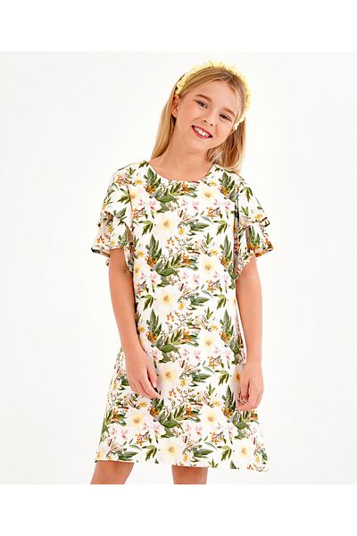Primo Gino Primo Gino Tiered Sleeves All Over Flora Printed Frock Dress  - Green