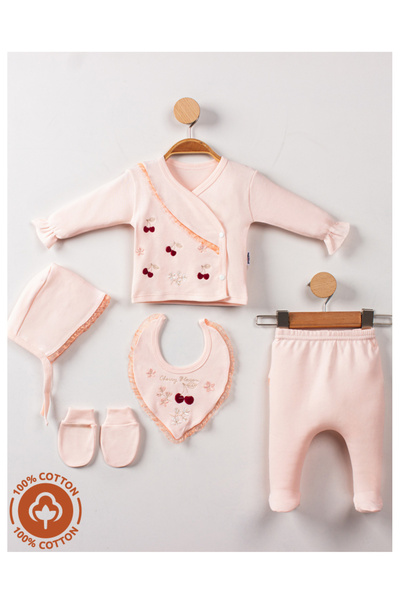 Miniel Kız Bebek Dantel Detaylı Kiraz Nakışlı Lora Şapkalı 5'li Yenidoğan Beb...