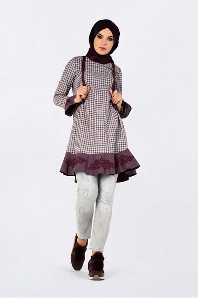 TRENDTESETTÜR Women's Gray (GREY-BORDO) Gingham Patterned Skirt Tip Flounce and Embroidered Tunic 4793