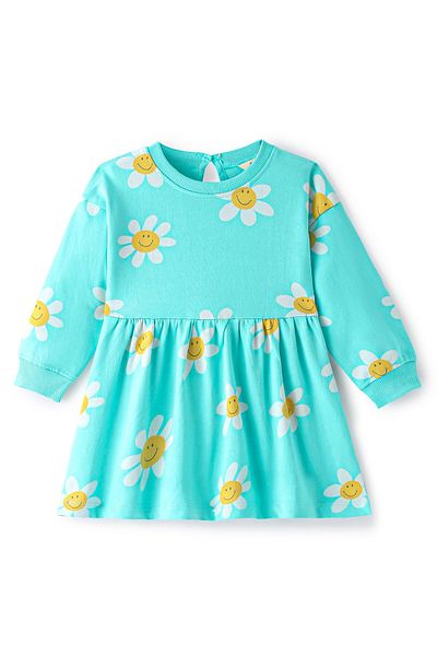 Bonfino Bonfino 100% Cotton French Terry Full Sleeves All Over Printed Dress - Blue