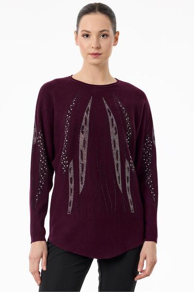 Tığ Triko Payetli Sosis Yakalı Triko Bluz BORDO