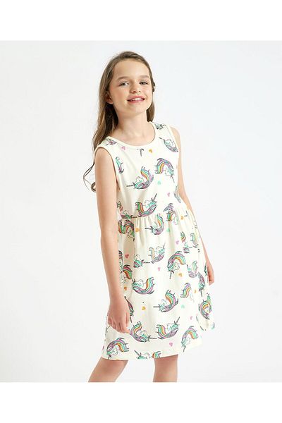 Primo Gino Primo Gino Cotton Elastane Knit Sleeveless Unicorn Printed Frock - White