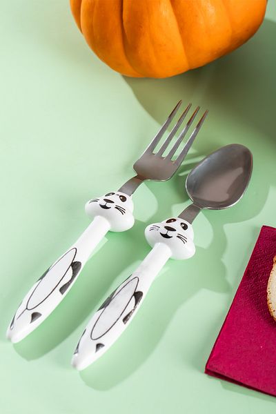 Porsima 3363 2-Piece Colorful Children's Food Fork Spoon Set - White and Red with Animal Figures