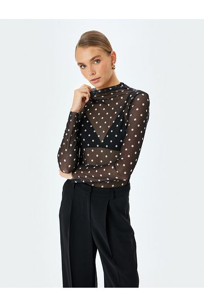 Koton Polka Dot Print Long Sleeve Stand Collar Sheer Tulle T-Shirt