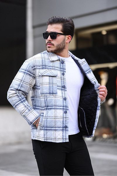 Miron Gray White Plaid Quilted Detailed Regular Fit Jacket-2454