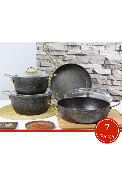 Evren 7 Parça Gold Stone Ezme Seri Tencere Seti Non-stick Yüzey