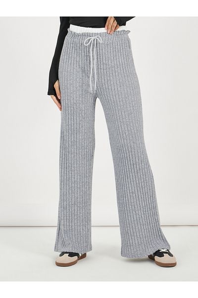 Styli High Rise Ribbed Knit Wide Leg Pants with Drawstring