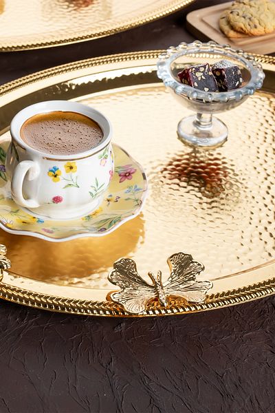 Porsima 3252 Set of 2 Gold Stainless Steel Presenter Tea Coffee Tray Gold Detailed Decorative Serving Tray