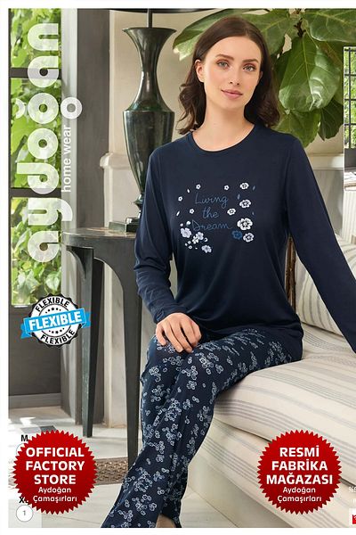 Aydoğan Navy Blue Viscose Women's Pajamas Set - Crew Neck, Long Sleeve B11-4