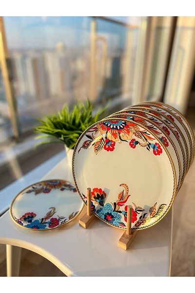PONCİKPAZAR 12-Piece White Flower Pattern Serving and Cake Plate Set for 6 People