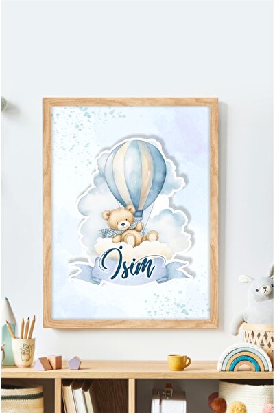 neşeli günlerim İsme Özel Boyutlu Balon Ayıcık Figürlü Ahşap Çerçeve 30x40 cm...