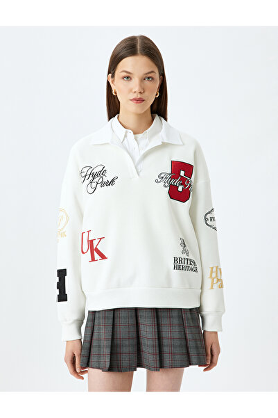 Koton Polo Neck Buttoned Oversize College Embroidered Raised Sweatshirt