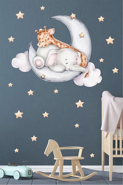 neşeli günlerim Sleeping Elephant Giraffe on the Moon Wall Sticker Set